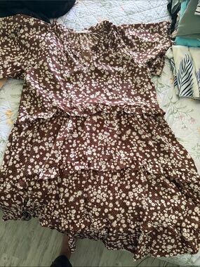 Brown Floral Ruffle Tiered Women's Dress